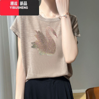 YIBUSHENG凉爽竹节棉麻针织女短袖T恤2024新款时尚烫钻冰丝减龄显瘦上衣