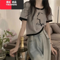 YIBUSHENGt恤女短袖季2024新款显瘦拼色短款上衣修身时尚小众体恤潮