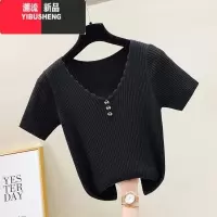 YIBUSHENG2022季冰丝短袖T恤女装新款宽松短袖韩版纽扣V领上衣针织打底衫