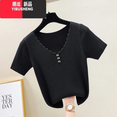 YIBUSHENG2022季冰丝短袖T恤女装新款宽松短袖韩版纽扣V领上衣针织打底衫
