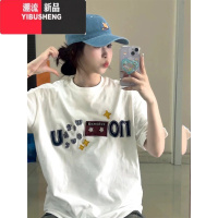 YIBUSHENG美式复古涂鸦短袖t恤女季oversize宽松chic港味休闲半袖上衣潮