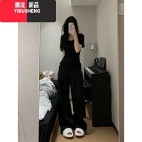 YIBUSHENG美式v领黑色短袖正肩t恤女季修身设计感小众辣妹上衣小个子