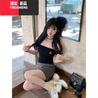 YIBUSHENG黑色设计感一字肩短袖t恤女季修身显瘦chic甜辣妹短款小众上衣