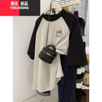YIBUSHENG美式复古正肩短袖t恤女季设计感小众撞色插肩大版宽松显瘦上衣