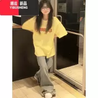 YIBUSHENG设计感小众奶黄色字母短袖T恤女季oversize宽松潮牌上衣ins