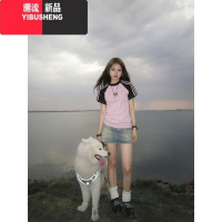 YIBUSHENG美式辣妹撞色正肩短袖t恤女季设计感小众短款修身甜酷插肩上衣