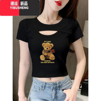 YIBUSHENG黑色短款上衣女修身高腰打底小衫2024季新款镂空设计感短袖T恤