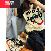 YIBUSHENG美式复古小狗植绒短袖t恤女季chic港味设计感小众拼色上衣ins潮