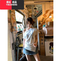 YIBUSHENG高级感白色不规则斜肩短袖t恤女季设计感小众别致纯欲辣妹上衣