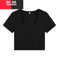 YIBUSHENG基础灰色正肩方领短袖t恤女季修身高腰短款体恤甜辣妹露脐上衣
