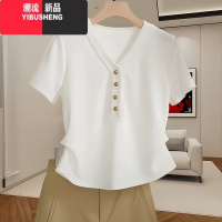 YIBUSHENGv领短袖t恤女2024新款季时尚洋气纽扣小衫胖mm遮肚显瘦上衣