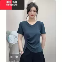 YIBUSHENGv领t恤女短袖2024新款季休闲显瘦不规则褶皱胖mm遮肚子上衣