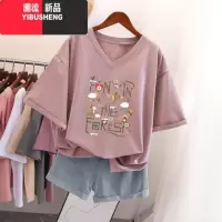 YIBUSHENG国潮复古短袖t恤女大码宽松oversize上衣设计感小众V领上衣服