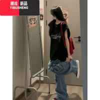 YIBUSHENG黑色麂皮绒宽松无袖背心T恤女季美式高街潮牌运动坎肩砍袖上衣