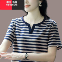 YIBUSHENG短袖t恤女半袖条纹上衣季2024新款宽松洋气妈妈大码体恤女