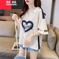 YIBUSHENG华夫格polo领短袖t恤女装2024年新款大码胖mm显瘦遮肚上衣T