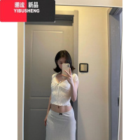 YIBUSHENG纯欲性感白色蕾丝V领短袖t恤女设计感小众别致绝美辣妹短款上衣