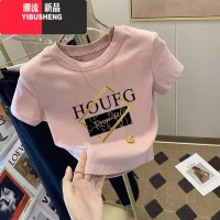 YIBUSHENG设计感小众粉色正肩短袖t恤女短款上衣2024季新款修身小个子ins
