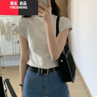 YIBUSHENG正肩短袖t恤女辣妹圆领季新款打底体恤修身显瘦灰色上衣女