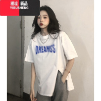 YIBUSHENG短袖T恤女季2024新款设计感小众开叉气质黑色宽松ins上衣潮
