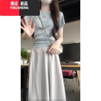 YIBUSHENG冰丝针织衫女季蓝色正肩短袖T恤修身显瘦辣妹收腰高腰短款上衣