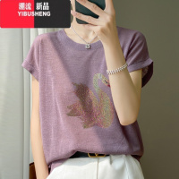 YIBUSHENG季宽松大码竹节麻短袖t恤女遮肚子显瘦圆领半袖上衣冰丝针织衫