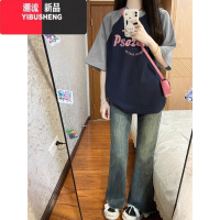 YIBUSHENG港味复古风T恤短袖女大码oversize季插肩袖潮牌ins撞色上衣