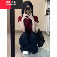 YIBUSHENG美式辣妹红色正肩短袖t恤女2024新款修身收腰紧身短款上衣