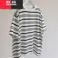 YIBUSHENGzdm大码300斤薄款条纹宽松圆领短袖T恤女慵懒港风打底衫上衣