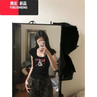 YIBUSHENG美式复古黑色U领正肩短袖T恤女季小众甜酷多巴胺修身掐腰上衣潮