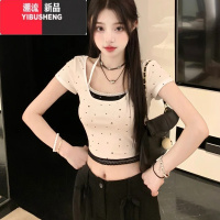 YIBUSHENG纯欲甜酷风假两件蝴蝶结印花吊带短袖T恤女季收腰露脐短款上衣