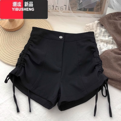 YIBUSHENG季薄款系带休闲短裤女2023新款大码弹力高腰显瘦a字辣妹热裤子