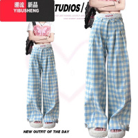 YIBUSHENG蓝色格子阔腿休闲裤女季薄款设计感慵懒风显瘦高腰垂感直筒长裤