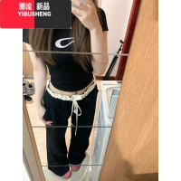 YIBUSHENG拼接花边休闲裤女季薄款小个子高腰显瘦抽绳宽松垂感直筒阔腿裤