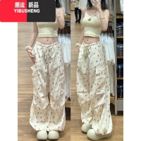 YIBUSHENG韩系可爱小熊印花杏色休闲裤女季爵士舞辣妹运动宽松阔腿工装裤