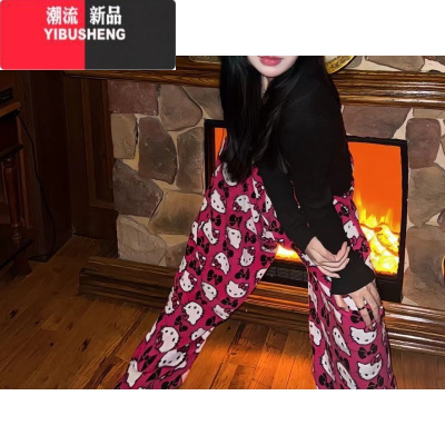 YIBUSHENG新款 卡通复古美式辣妹直筒休闲裤女保暖居家长裤遛弯裤
