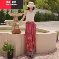 YIBUSHENG民族风阔腿裤女度假风高腰显瘦复古休闲裤开叉云南旅游度假沙滩裤