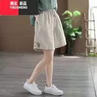 YIBUSHENG季薄款亚麻短裤女复古刺绣松紧腰休闲裤宽松百搭阔腿显瘦棉麻裤