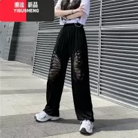 YIBUSHENG胖妹妹裤子女韩版ins休闲裤宽松镂空蝴蝶蕾丝拼接直筒阔腿裤长裤