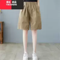 YIBUSHENG2024季简约复古斜纹休闲裤女士松紧腰阔腿裤百搭五分短裤子
