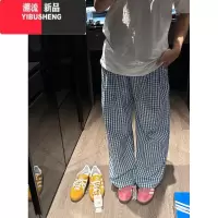 YIBUSHENG美式高街复古撞色格子阔腿休闲裤女季宽松高级感别致垂感长裤潮