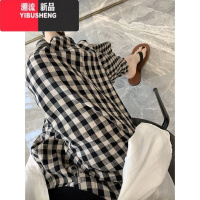 YIBUSHENG黑白格子裤女季高腰垂感慵懒美式阔腿日系休闲遛弯裤子小个子