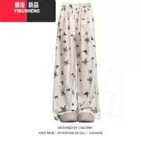 YIBUSHENG大码胖mm设计感蝴蝶印花高腰阔腿裤女国风破洞垂感直筒休闲裤子