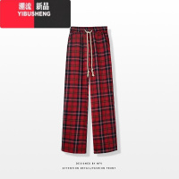 YIBUSHENGchic港风复古红色格子运动休闲裤女2023男女同款宽松直筒裤子