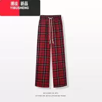 YIBUSHENGchic港风复古红色格子运动休闲裤女2023男女同款宽松直筒裤子