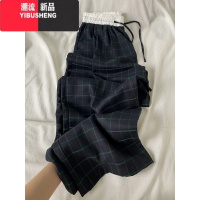 YIBUSHENG美式复古假两件格子休闲裤女季薄款2024新款宽松垂感直筒阔腿裤