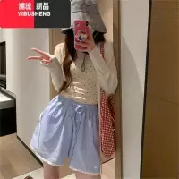 YIBUSHENG花边休闲裤女小个子季设计感条纹显瘦宽松直筒阔腿裤a字热裤ins