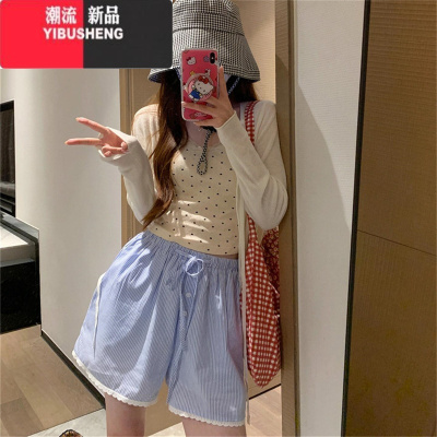 YIBUSHENG花边休闲裤女小个子季设计感条纹显瘦宽松直筒阔腿裤a字热裤ins