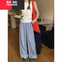 YIBUSHENG小众个性蓝色格子休闲裤季韩版2024新款高腰显瘦印花阔腿长裤女
