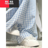 YIBUSHENG日韩系白边撞色松紧腰棉格子阔腿裤女慵懒风直筒拖地垂感休闲裤